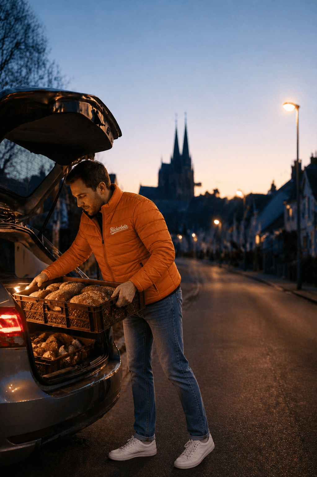 Bäckerbote Fahrer lädt früh morgens frische Backwaren aus dem Auto auf einer ruhigen Straße